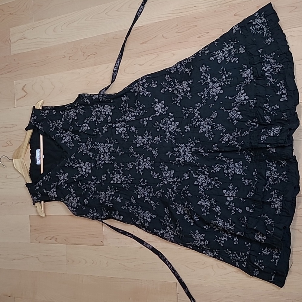 Black Floral Midi Dress with Tie Waist